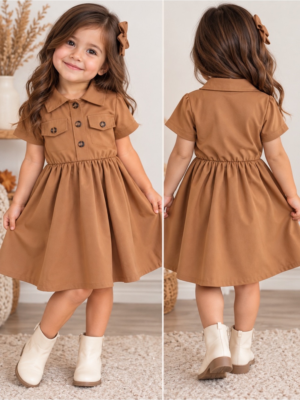 Girls' Short-Sleeve Collared Dress in Warm Brown-Size 3-4Y